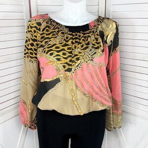Metaphor Equestrian Print Chiffon Smocked Neck Blouse Black Pink XL